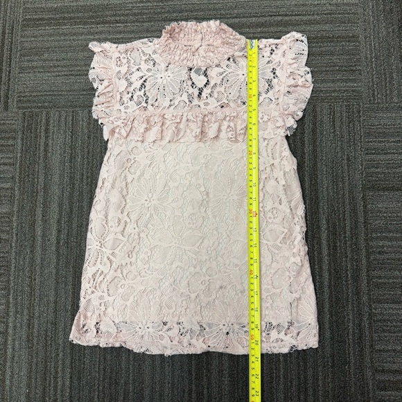 Topshop Blush Pink Lace Top Blouse with Ruffle Sleeves High Neck - Picture 2 of 8